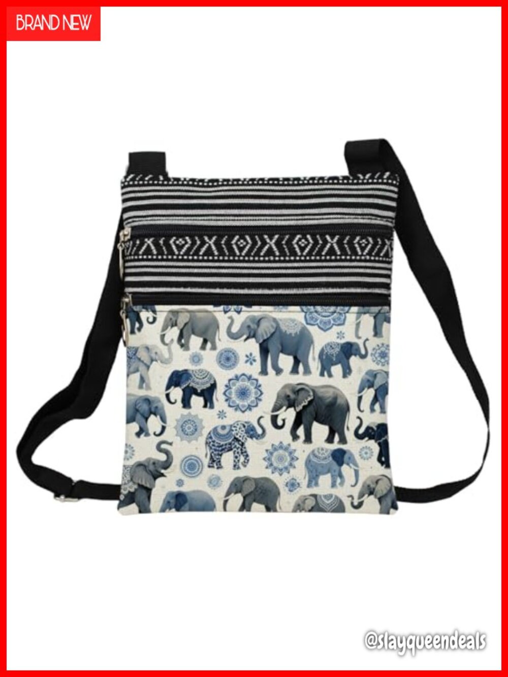 Ethnic Elephant Polyester Crossbody Bag Adjustable Strap Small Purse